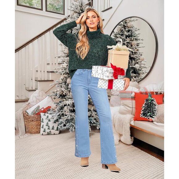 Flare Jeans for Women High Waisted Trendy Wide Leg Embellished Rhinestone Sparkl - Picture 6 of 8